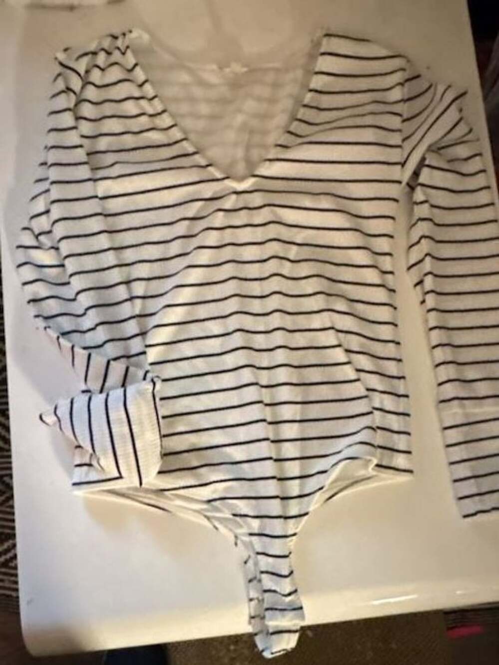 Pilcro Long Sleeve V-Neck Bodysuit Size L Black and White Striped
